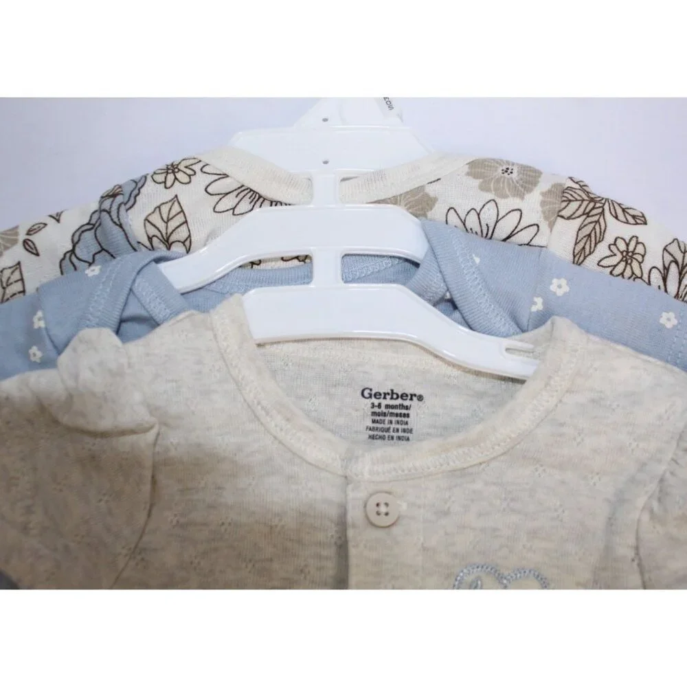 Gerber Onesies 3 Pack Girls 3-6 months Cream Brown Blue Buttons Short Sleeve NWT